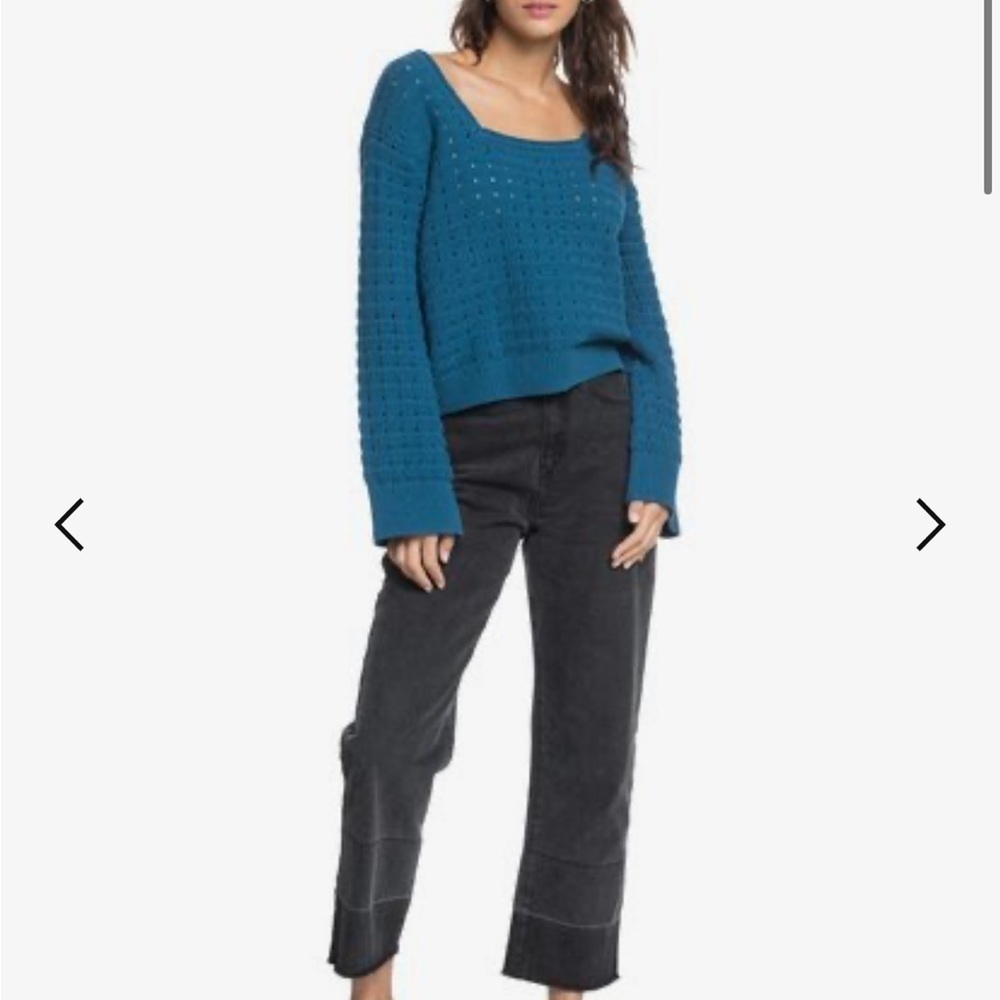 ROXY Pointelle Navy Birdy Day Square Neck Dropped Balloon Sleeve Navy Sweater - Picture 10 of 12